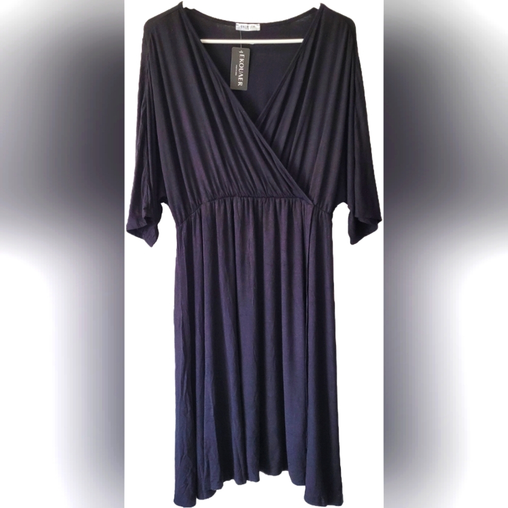 NWT Ekouaer Women's Wrap Style Solid Black Dress - Size Large